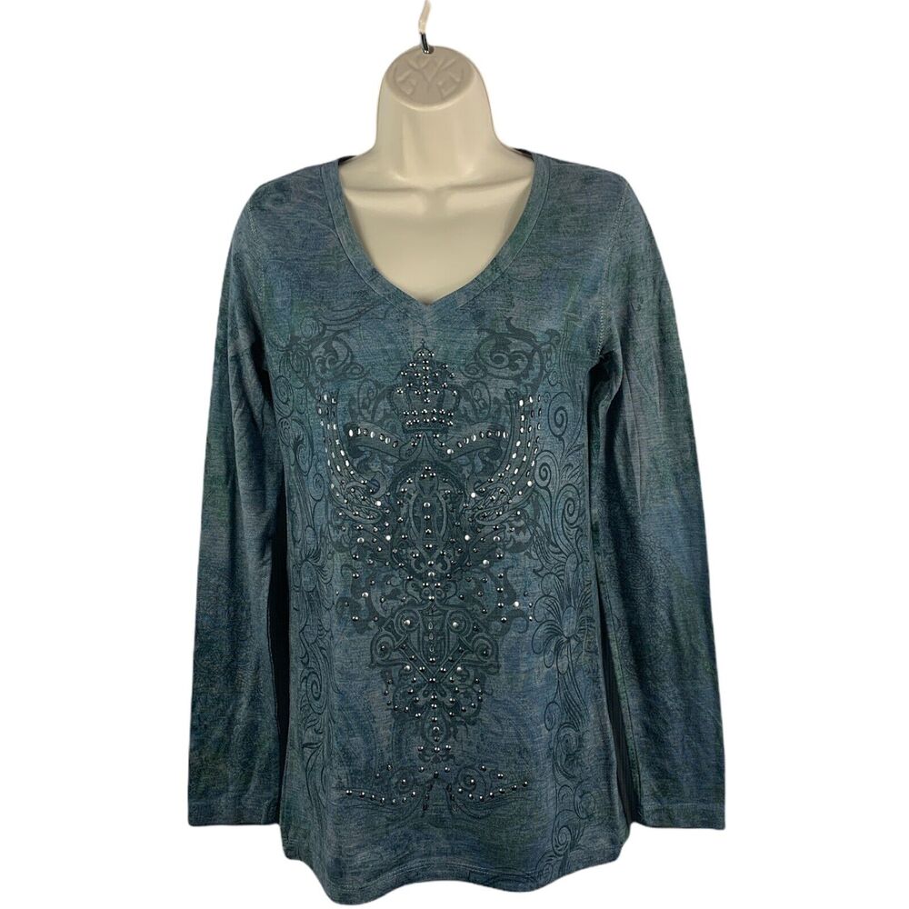 Greensource Womens Embellished Long Sleeve Shirt  Size Small V Neck Floral